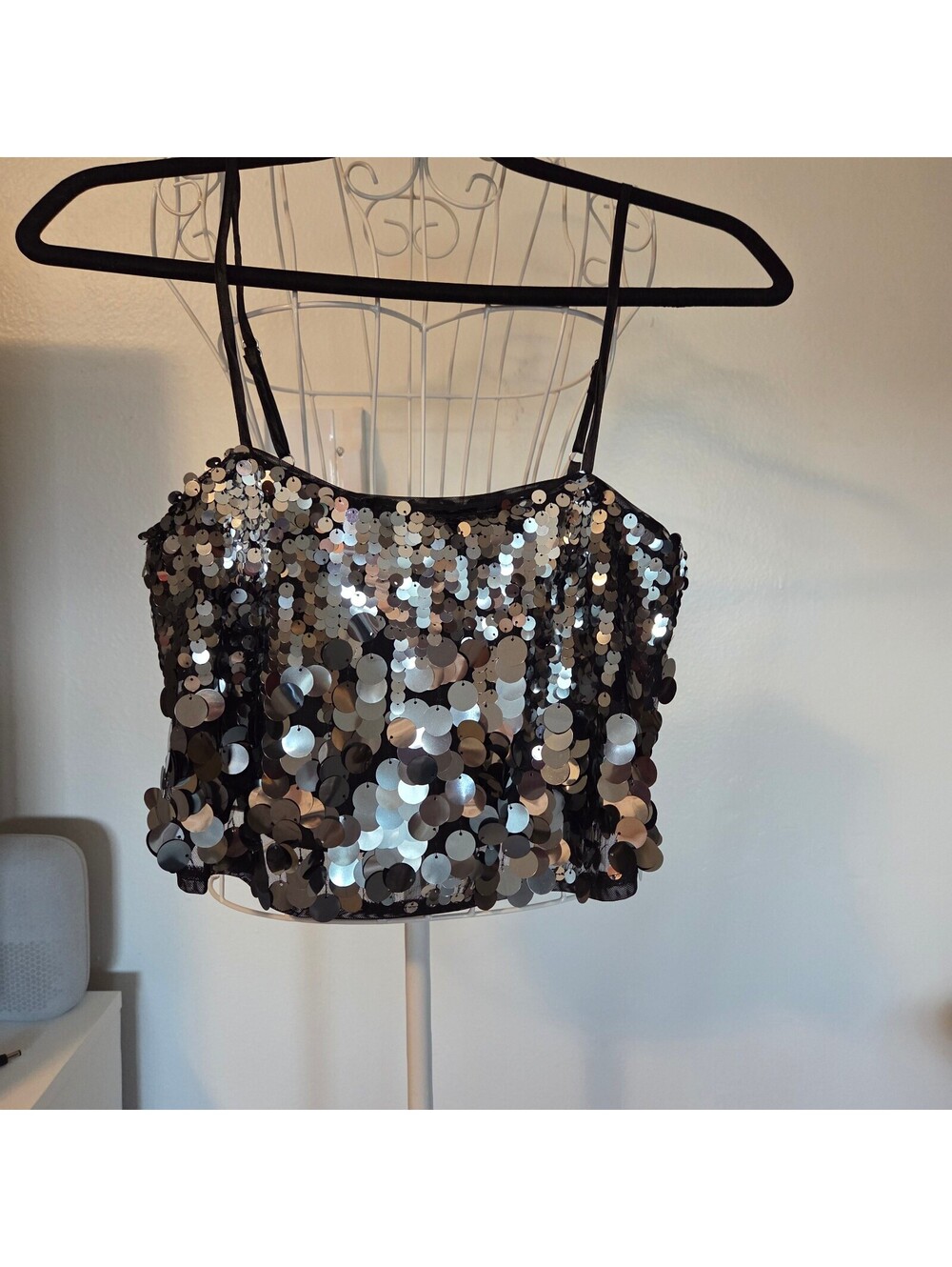 Lulus Sequin Black Crop Top Spaghetti Strap Size XS